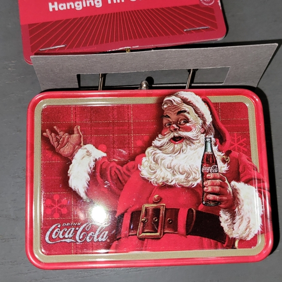 New! Vintage COCA-COLA Santa Metal Mini Lunchbox Christmas Ornament - Picture 3 of 5